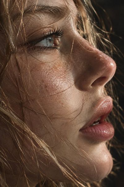 Macro portrait reveals raw skin texture under dramatic side lighting