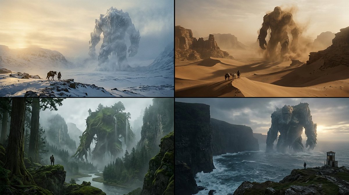 Tiny Figure Stands Before Towering Colossal Beast in Fog