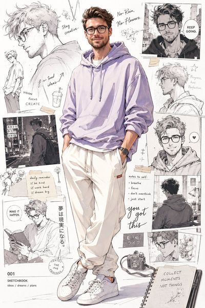 A stylish man in a lilac hoodie stands amid sketch-covered walls.