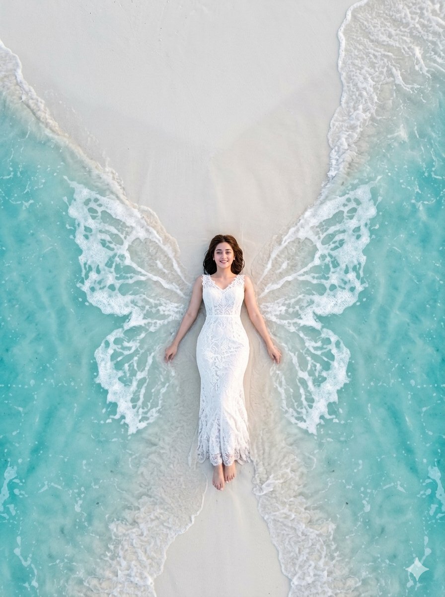 Curvy woman in white gown lies by turquoise sea with foam butterfly wings