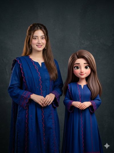 Elegant woman and her miniature twin pose in royal blue gowns.
