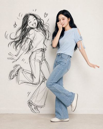 Playful real subject stands beside chaotic ink-twin doodle on wall