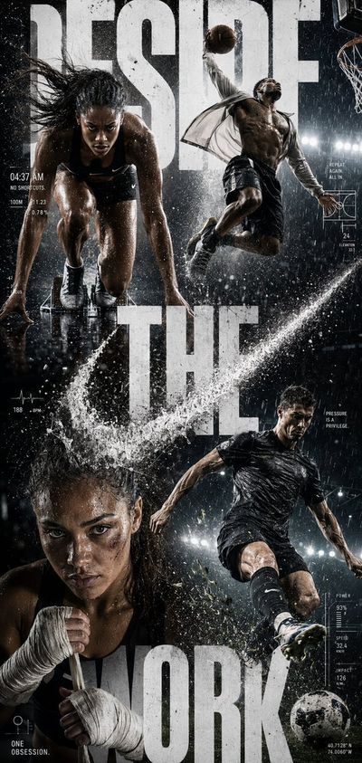 Four athletes merge into a fractured abstract symbol of desire