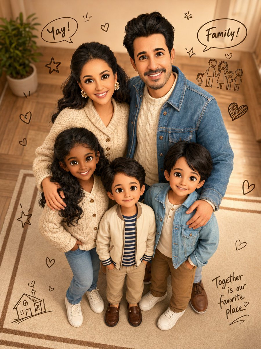 South Asian family of four shares joyful portrait in cozy home