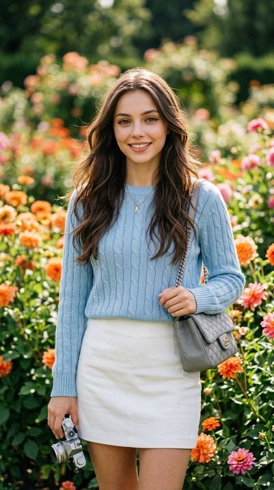 Woman in flower garden poses with vintage camera for editorial shoot