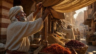 Sunbeams illuminate saffron merchants in a medieval Cairo market