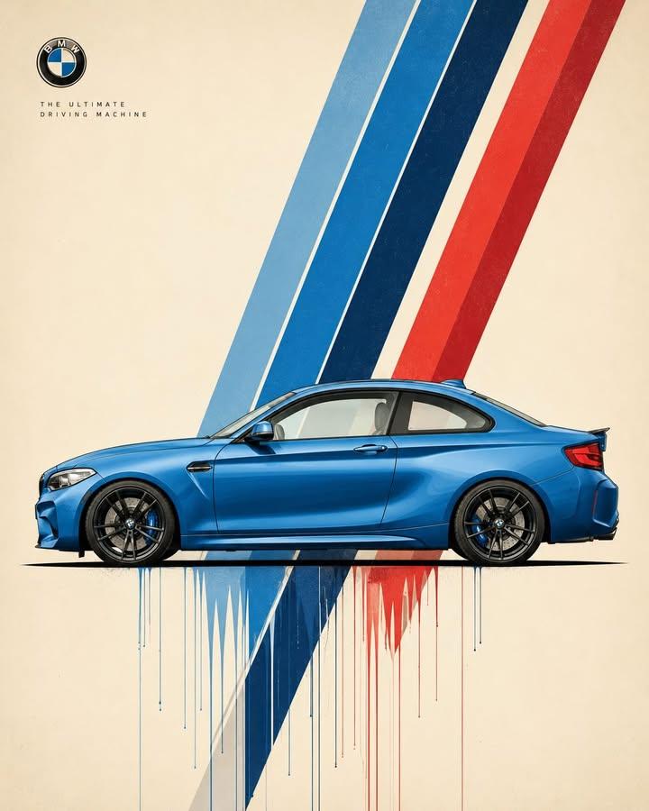 A sleek sports car cuts diagonally across an ivory poster