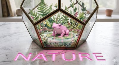 Geometric Nature: Retro Frog in a Watercolor Terrarium
