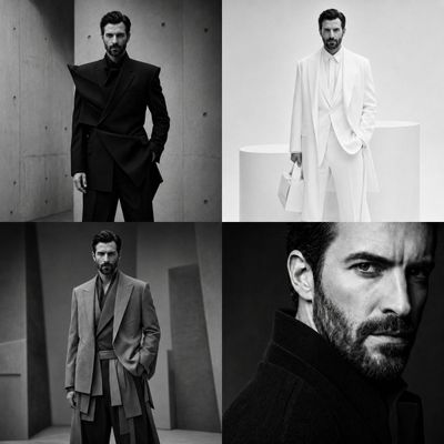 A male model wears four distinct monochrome Vogue looks