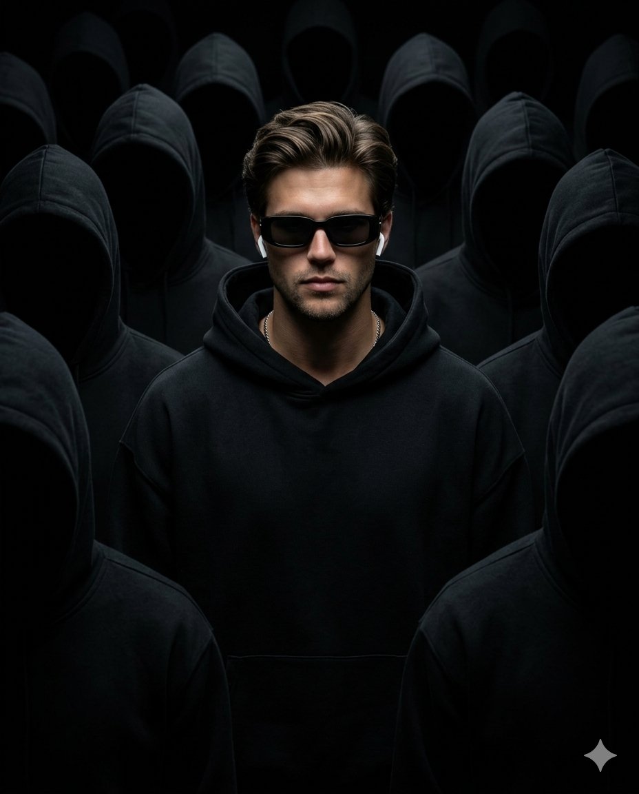A solitary man in black stands surrounded by faceless hooded figures