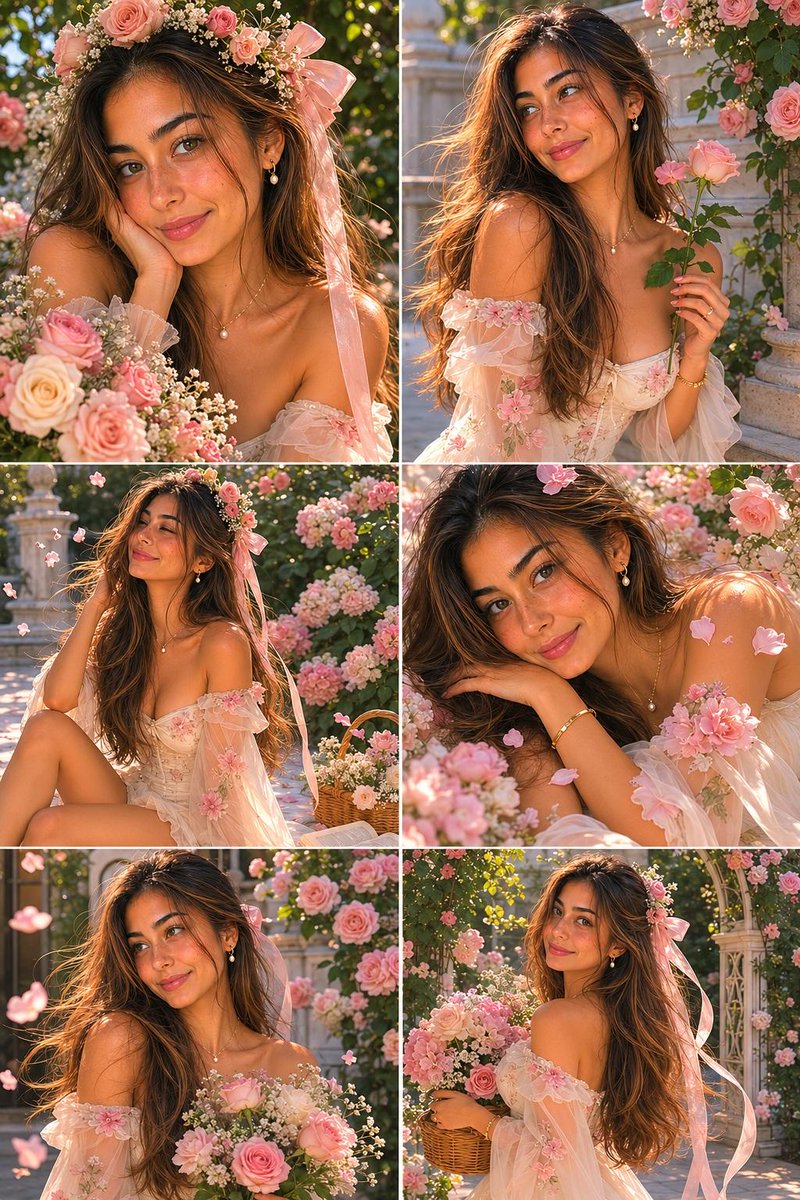 A young woman poses with a flower crown in a dreamy garden