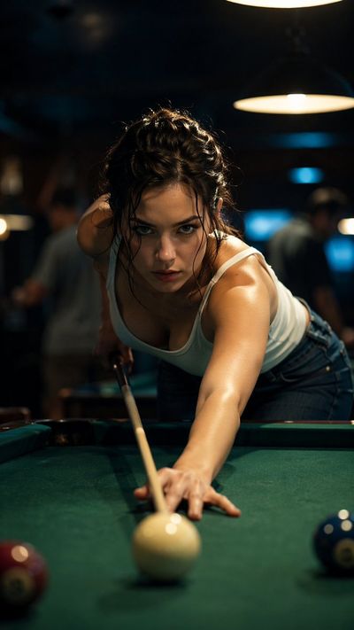 Precision Focus: Young Woman's Intense Pool Shot in Cinematic Detail