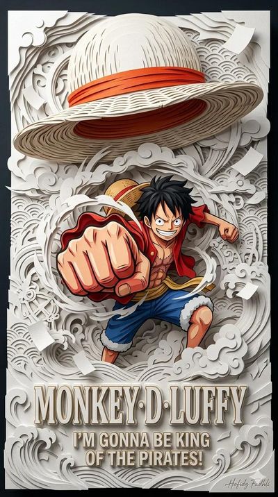 Anime hero leaps from layered paper waves in dramatic poster
