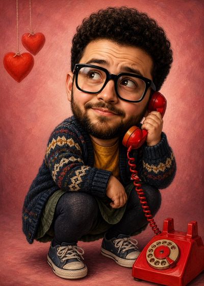 Joyous man in giant child body laughs on phone