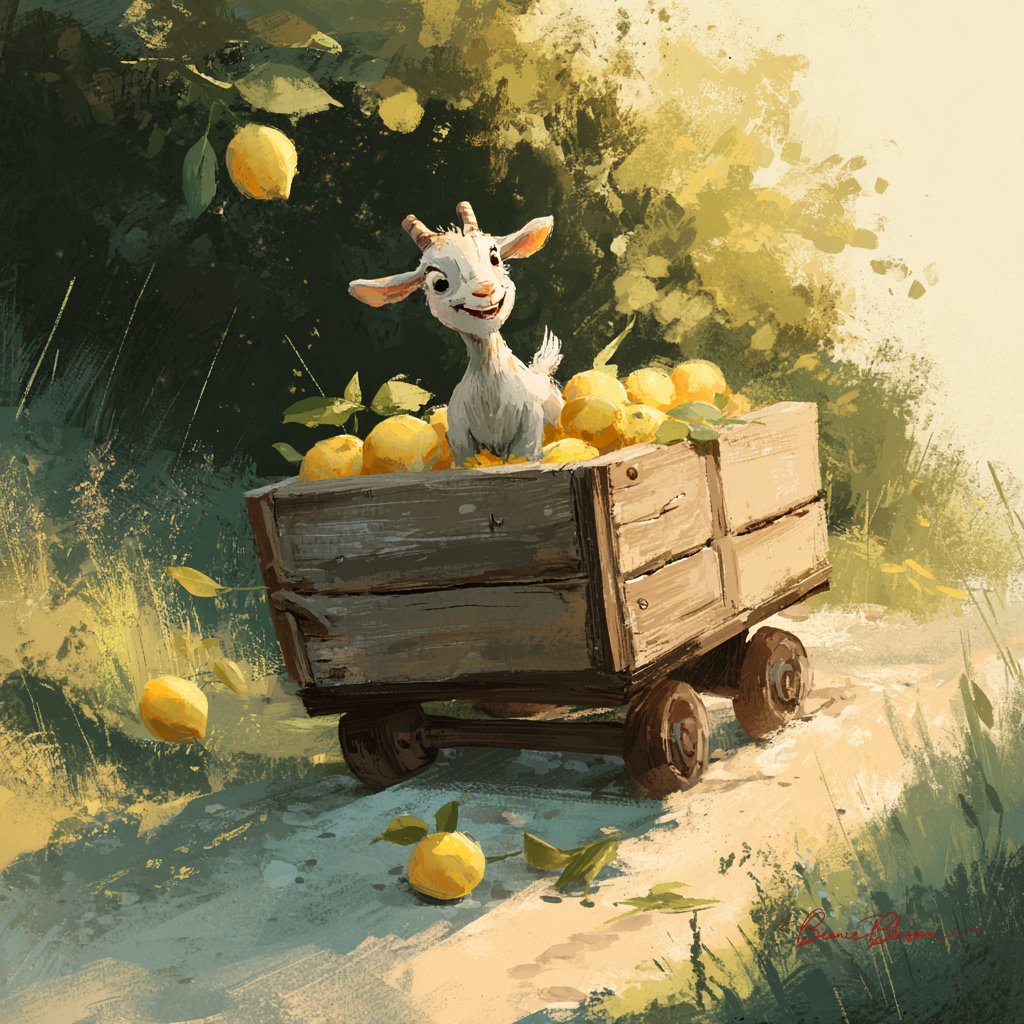 A tiny goat smiles in a lemon-filled wagon rolling downhill