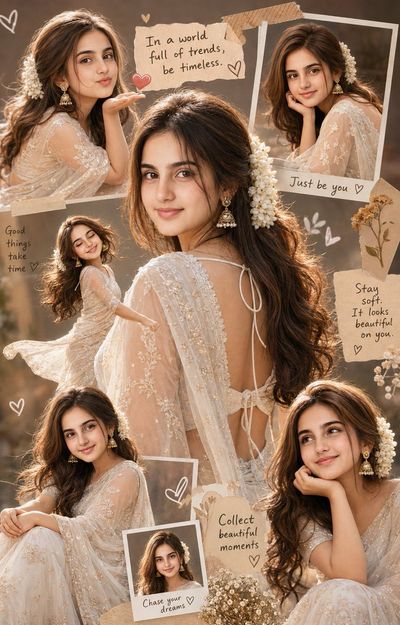 Elegant bride in white saree with jasmine flowers looks back gracefully