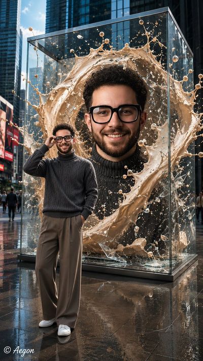 A young man adjusts his glasses before his own shattered portrait