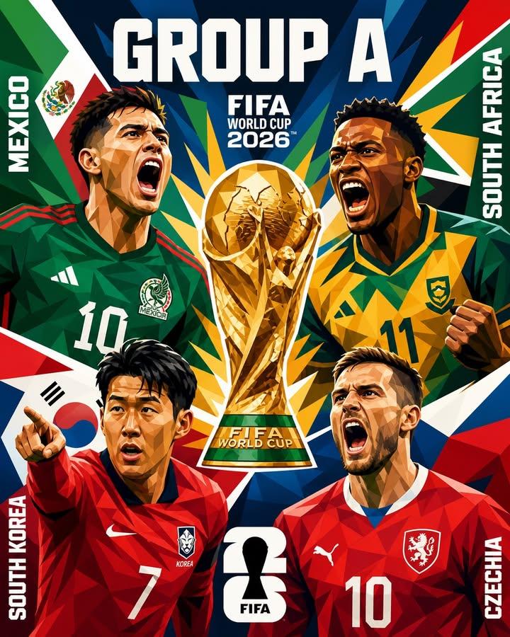 Vibrant low-poly geometric poster features four World Cup players and trophy