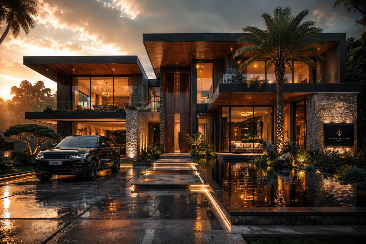 A modern luxury house glows under dramatic sunset sky with reflections