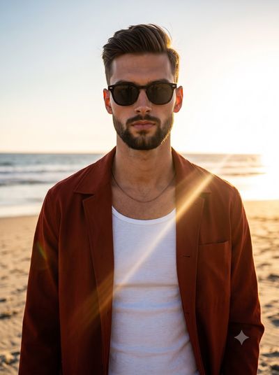 A confident man in a rust jacket poses on golden sand at sunset.