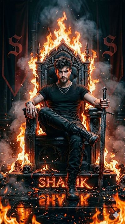 Rugged king sits on fiery throne amid burning skulls