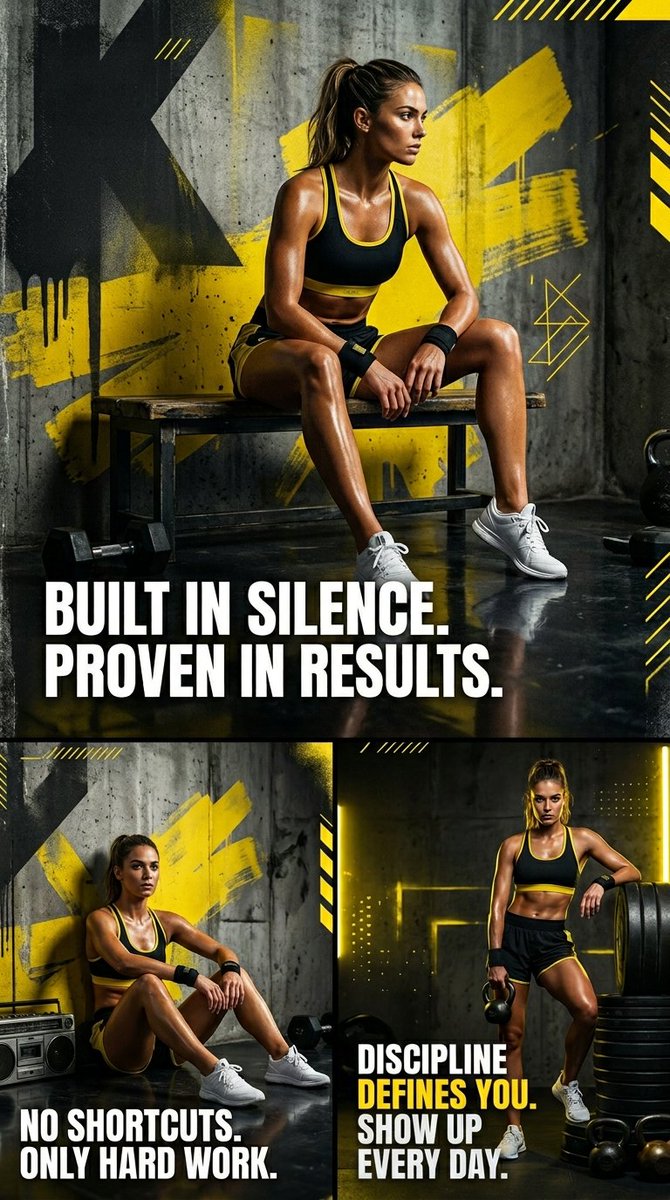 Cinematic Triptych Fitness Poster in Bold Black and Yellow