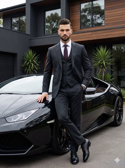 Confident man in dark suit leans on a black Lamborghini