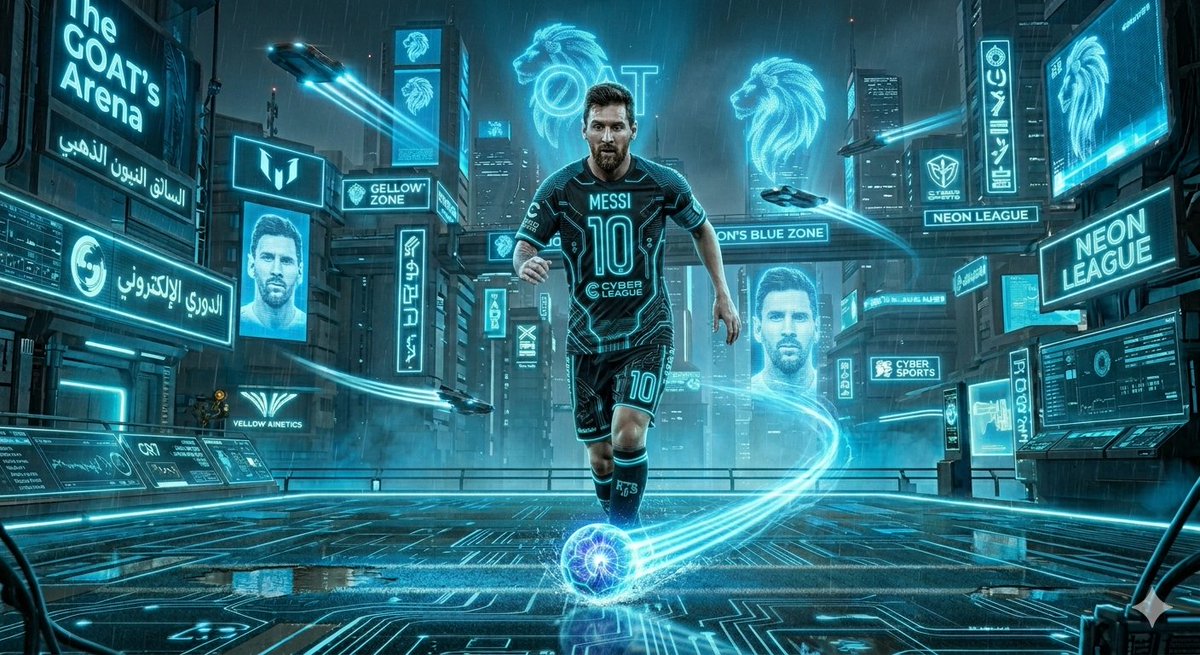 A cyberpunk soccer star dribbles under neon skyscrapers at night.