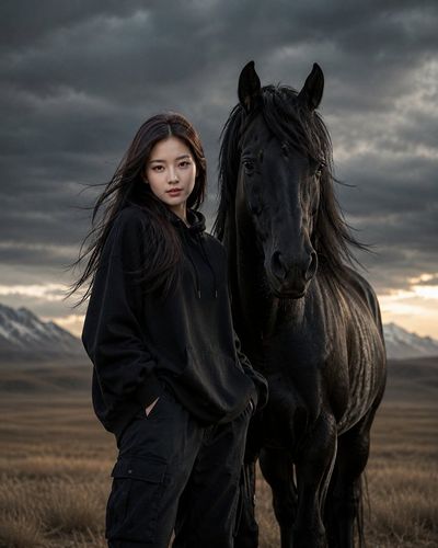Woman in black stands with a horse under stormy skies