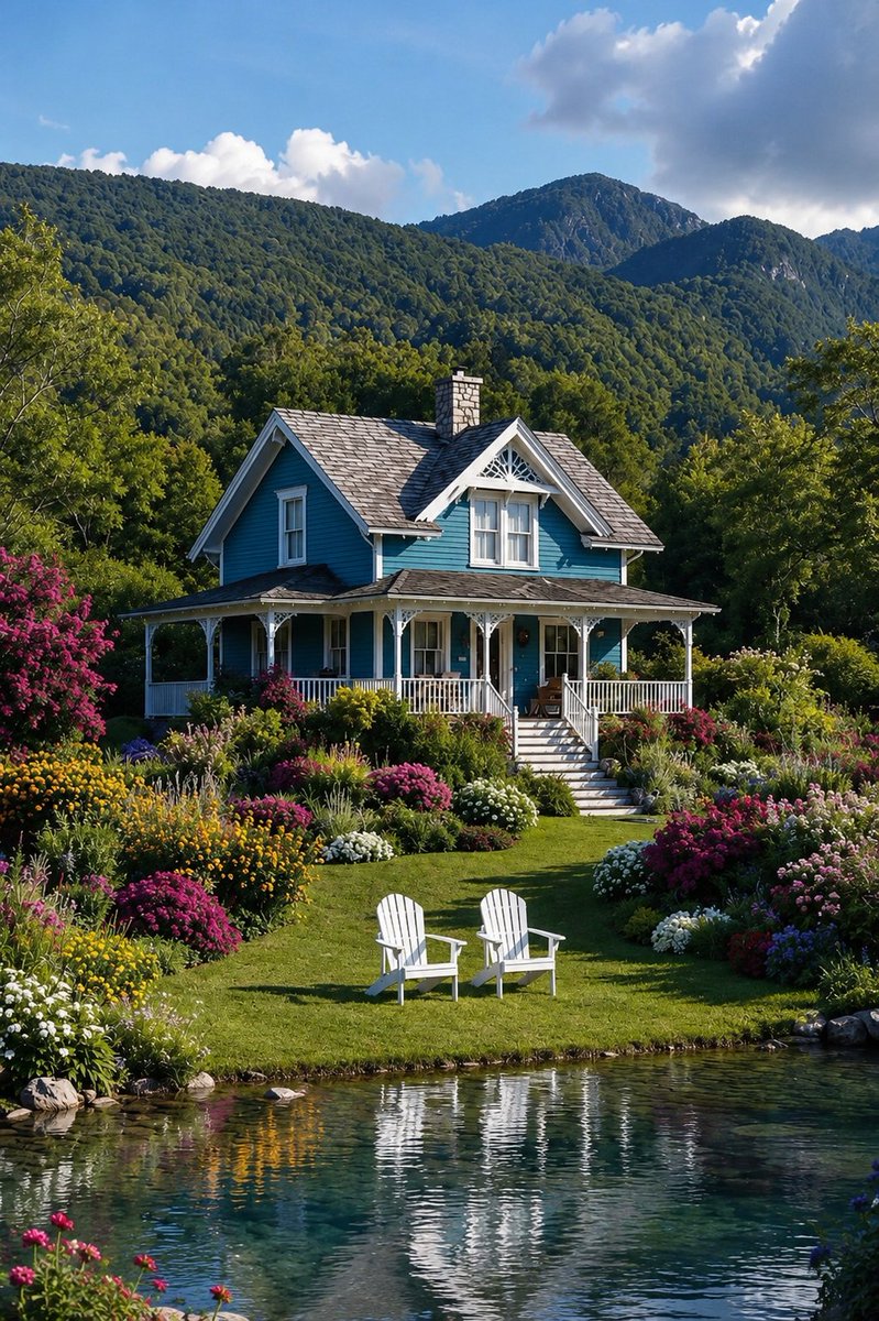 Sunlit blue Victorian farmhouse reflected in still pond beside mountains.