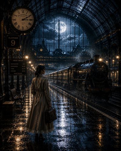 A solitary traveler waits beneath moonlit glass at midnight station