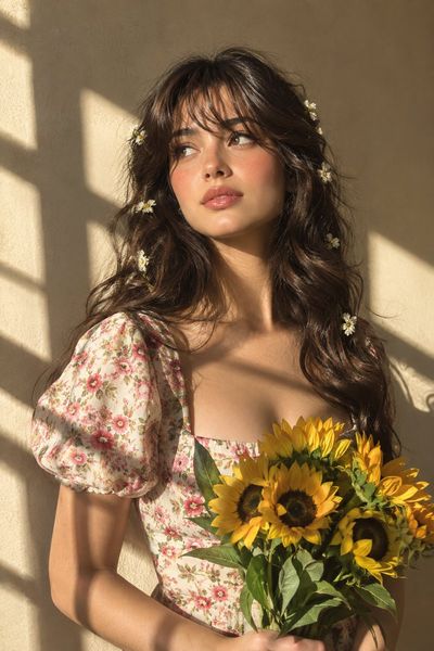 Sun-Kissed Woman Cradles Sunflowers Against Shadow-Striped Stucco Wall