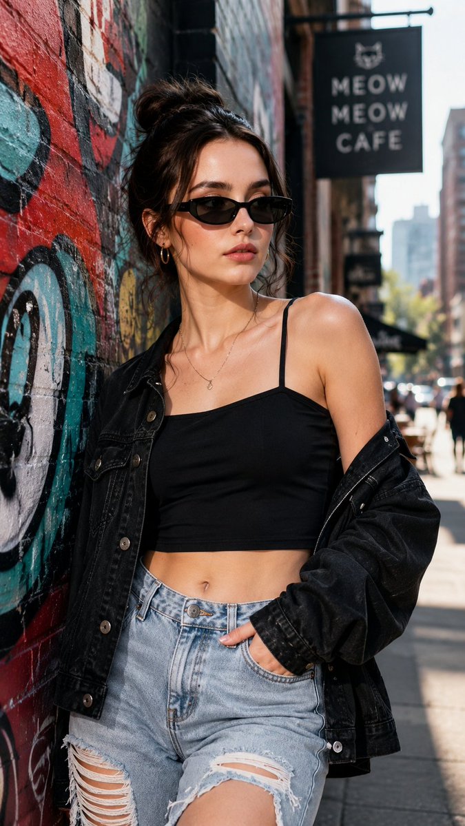 Young woman in ripped jeans poses by graffiti-covered alley wall