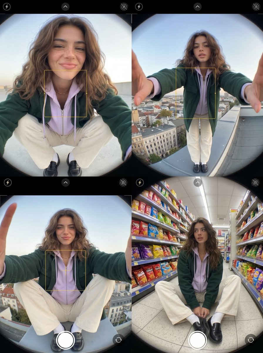 A playful fisheye fashion diary captures lavender hoodie and forest overshirt