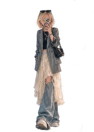 A stylish anime girl takes a mirror selfie in trendy fashion