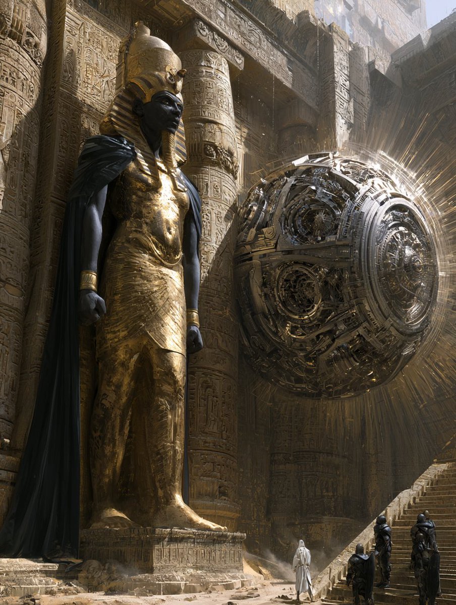 Pharaoh statue with golden body stands beside a glowing metallic sphere