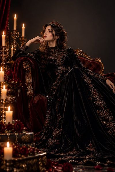 Dark Royal Queen in Black Velvet Gown on Antique Throne