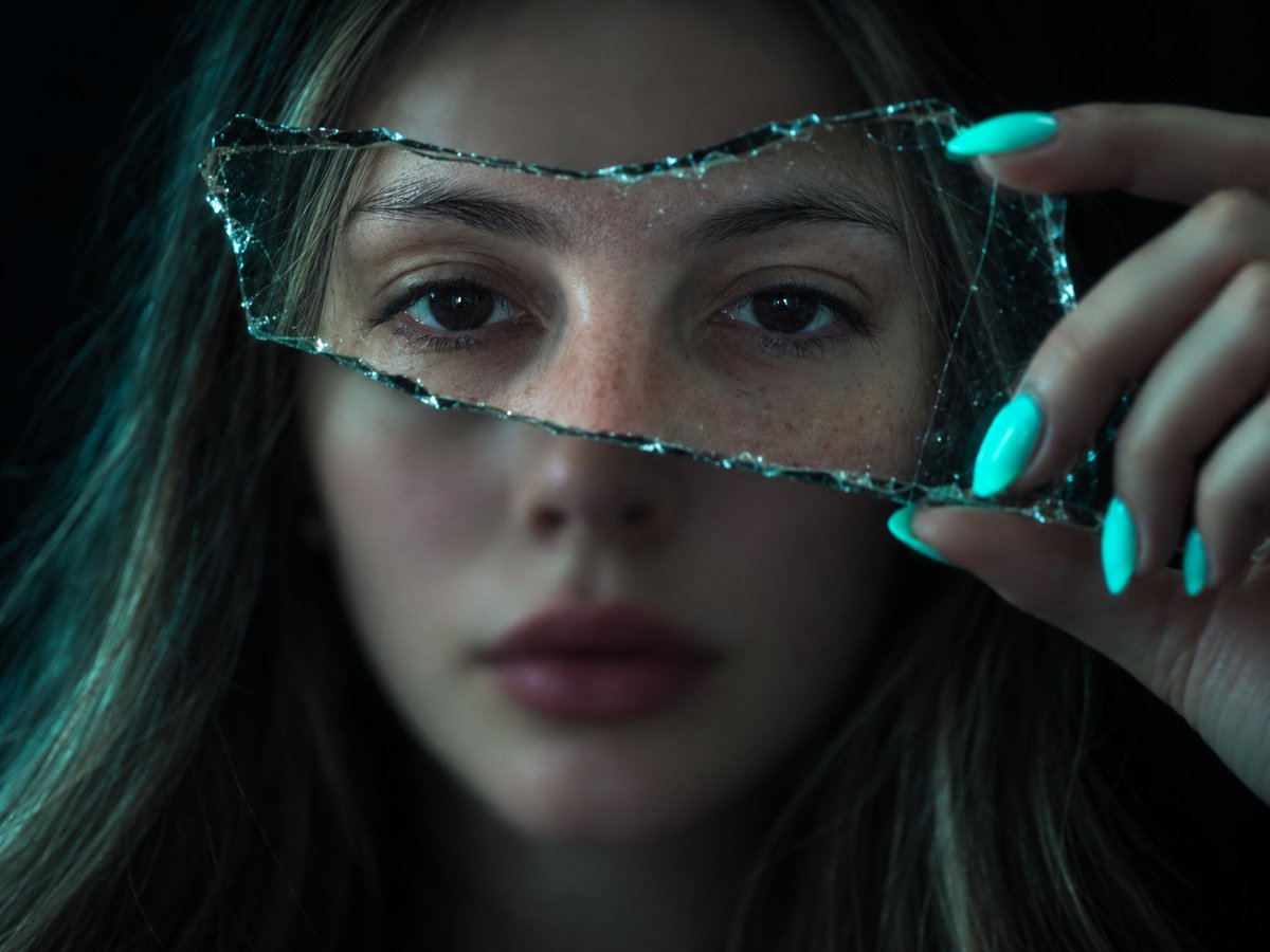Surreal portrait of a woman holding mirror shard with perfect focus on eyes