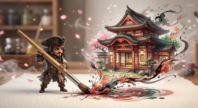 Tiny Jack Sparrow slams giant brush into watercolor paper