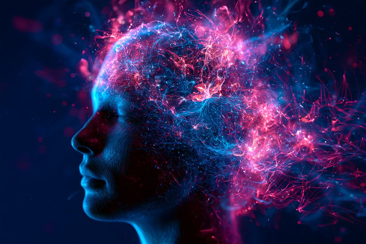 Human mind merges with glowing cybernetic neural nexus web