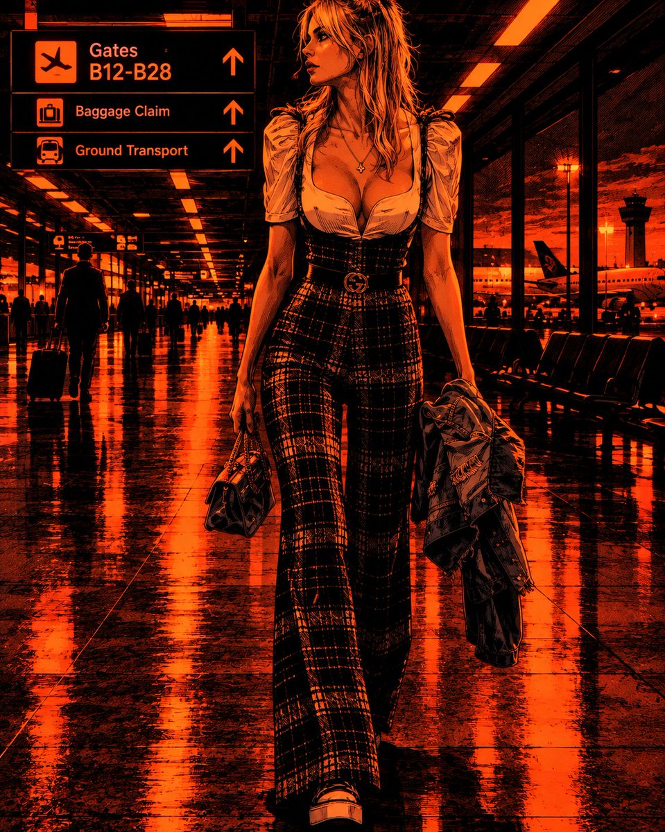 Crimson-lit figure strides through dark airport concourse in cyberpunk style