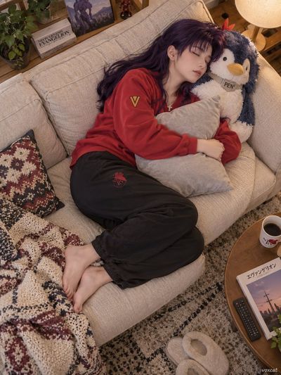 Overhead shot of sleeper hugging pillow on soft couch