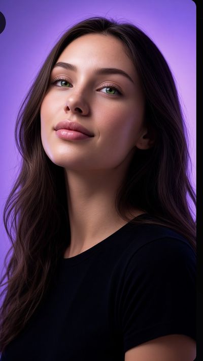 A young woman's green eyes glow against a purple backdrop