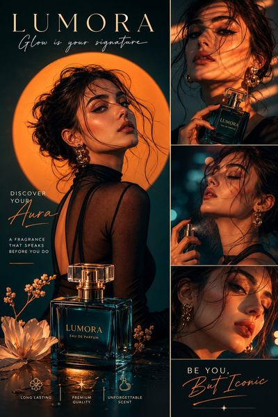 A woman holds a luxury perfume under dramatic orange and teal lights