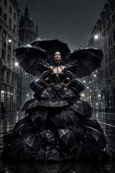 Model in a sculptural umbrella gown stands amid rain-soaked street reflections