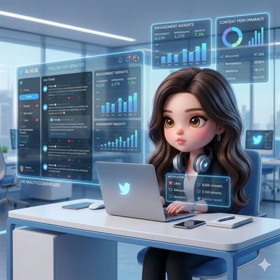 Social media manager analyzes holographic analytics in futuristic office