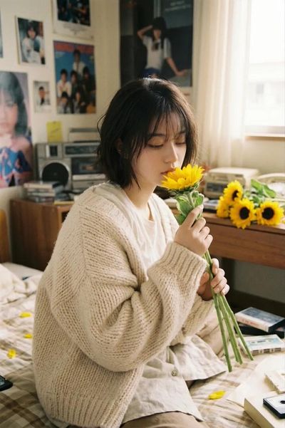 Young woman smells sunflowers in a cozy vintage bedroom