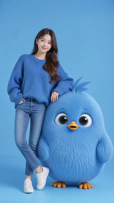Charming Portrait of a Stylish Woman and Playful Blue Bird