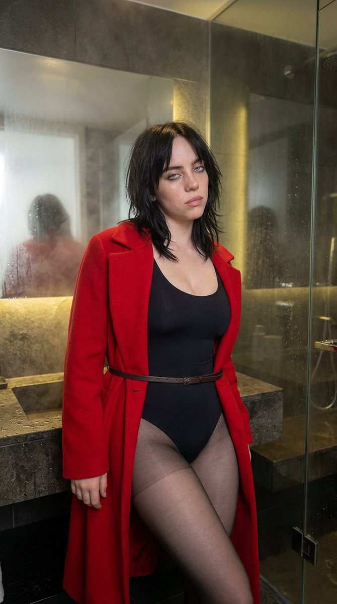 Billie Eilish poses in a soft-lit bathroom with damp stone walls.