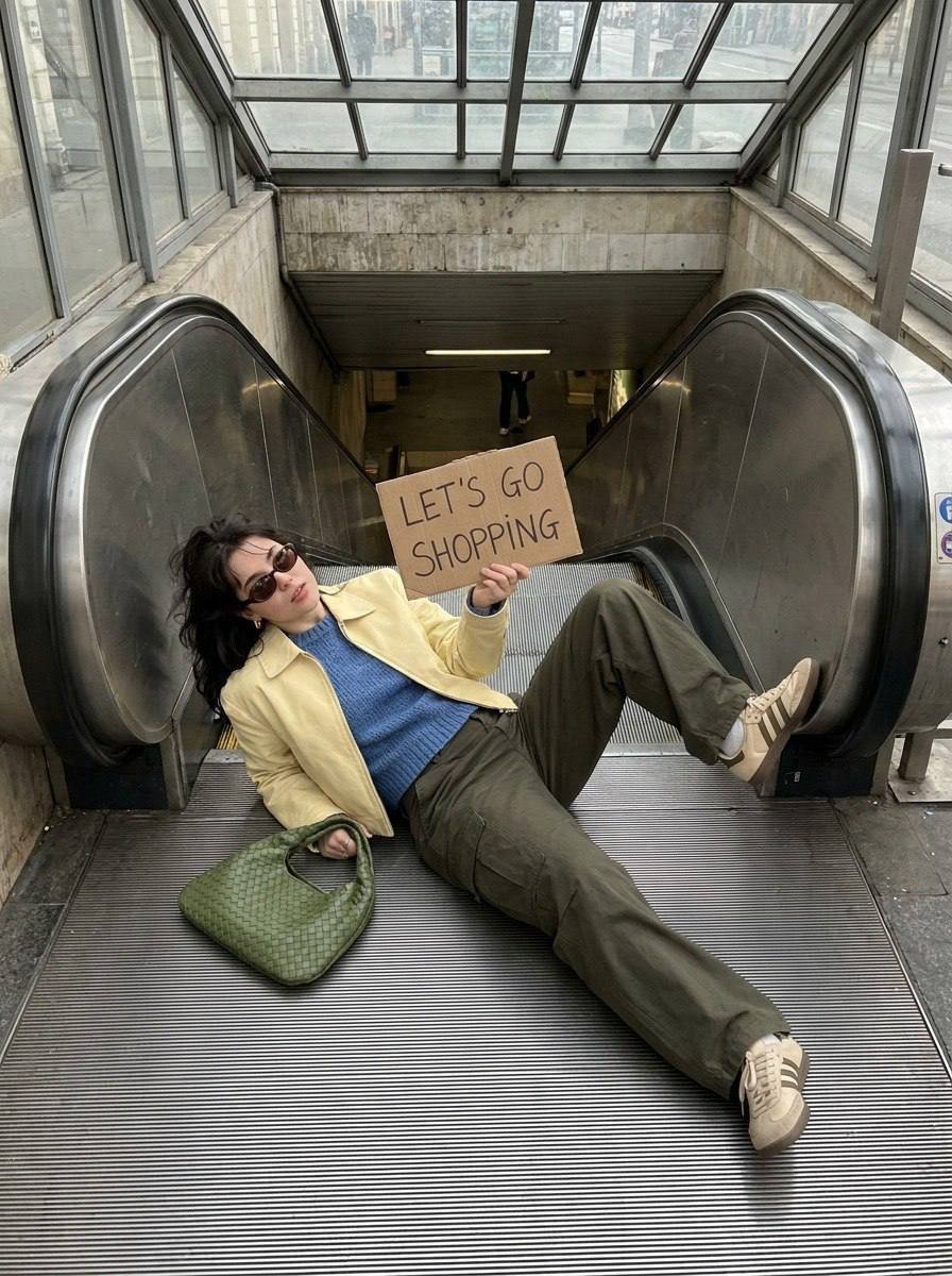 A young woman lies on an escalator holding a shopping sign in natural daylight.